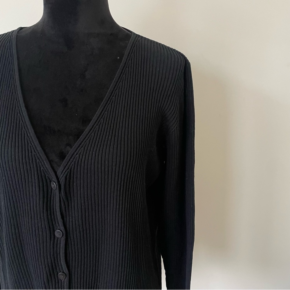 Eileen Fisher Black System 100% Cotton Ribbed V-Neck Button Front Cardigan Sz L - Picture 5 of 7